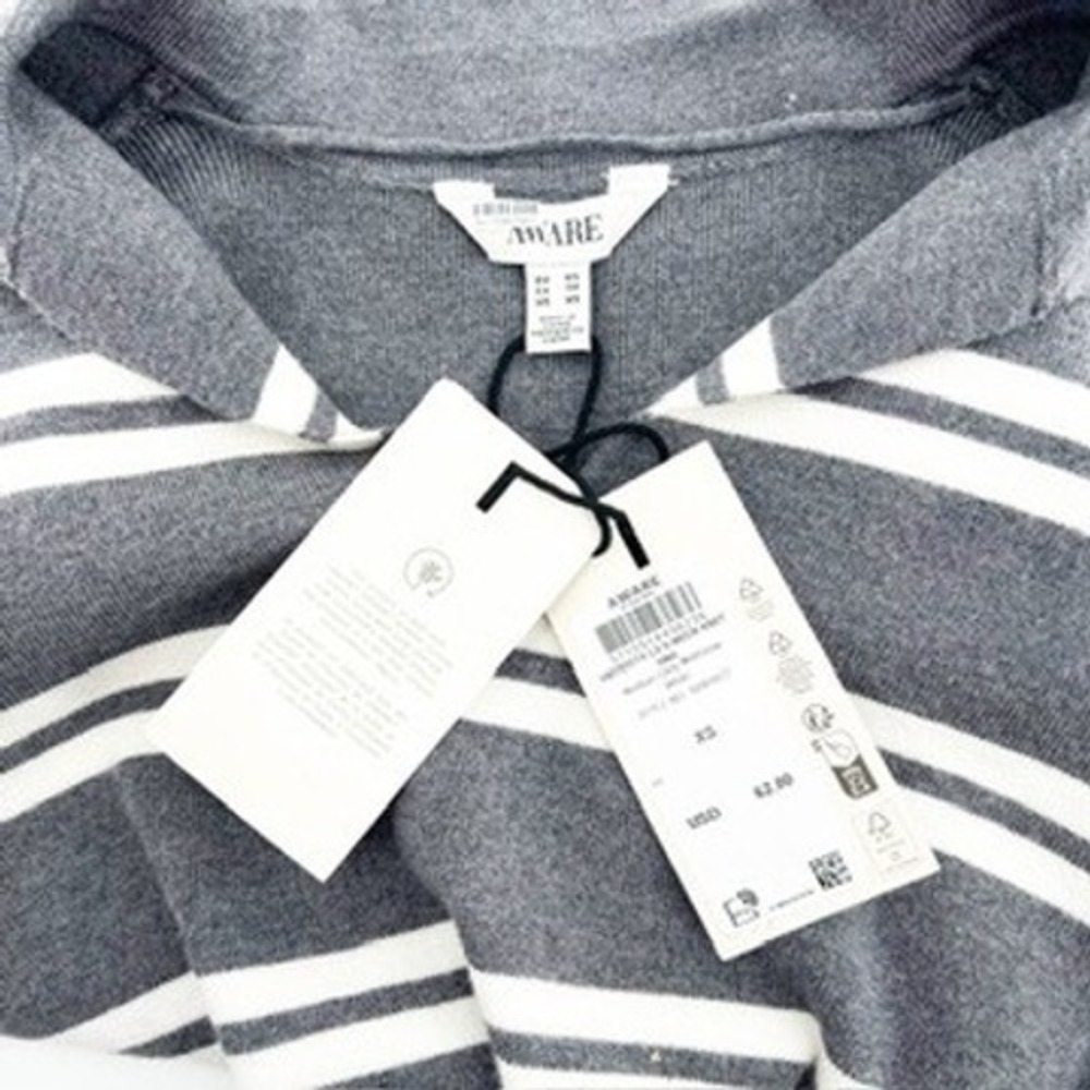 anthro Women's Charcoal Gray White Stripe Collared Quarter Zip Sweater XS - Picture 5 of 6